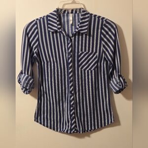 Blue & White Striped DNA Couture Button-Up Shirt, Roll-Tab Sleeves